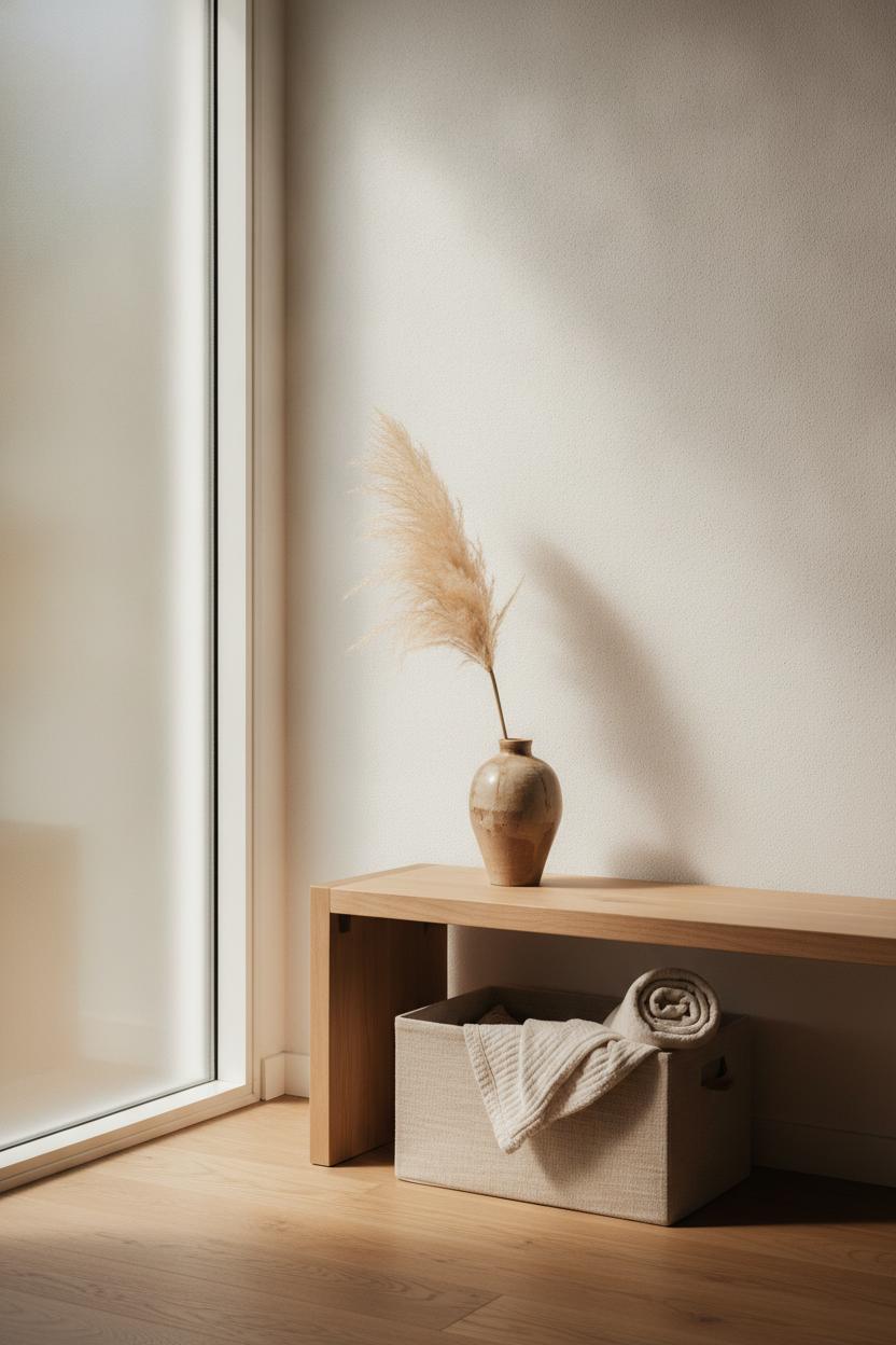 Cozy minimalist entryway with wooden console, linen basket, and pampas grass — cheap ways to update your home