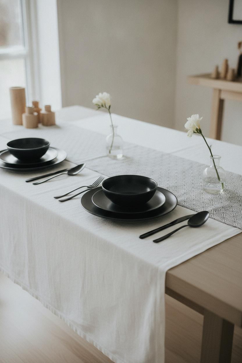 Minimalist fathers day table setting ideas with black ceramic dinnerware, white linen, and Scandinavian wood table