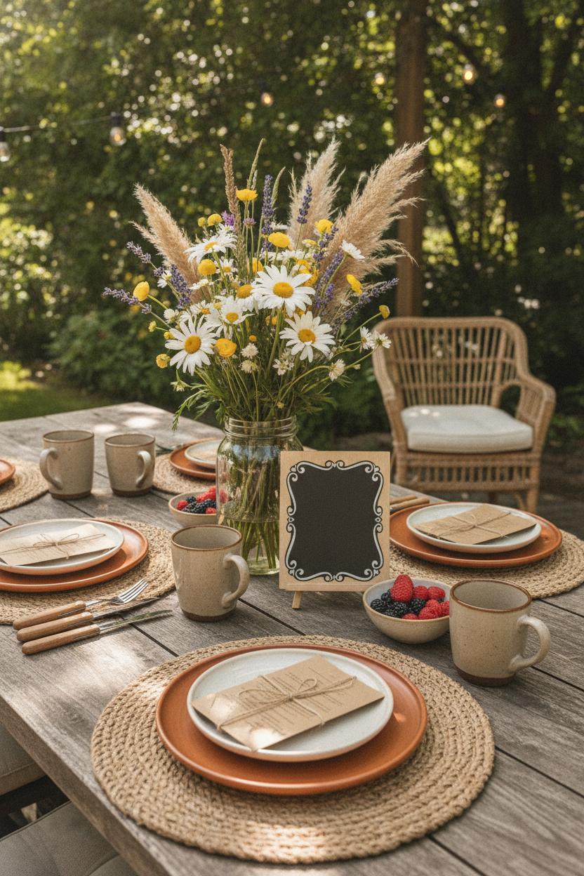 Cozy outdoor fathers day table setting ideas with terracotta stoneware, wildflower mason jar, and chalkboard sign in morning light