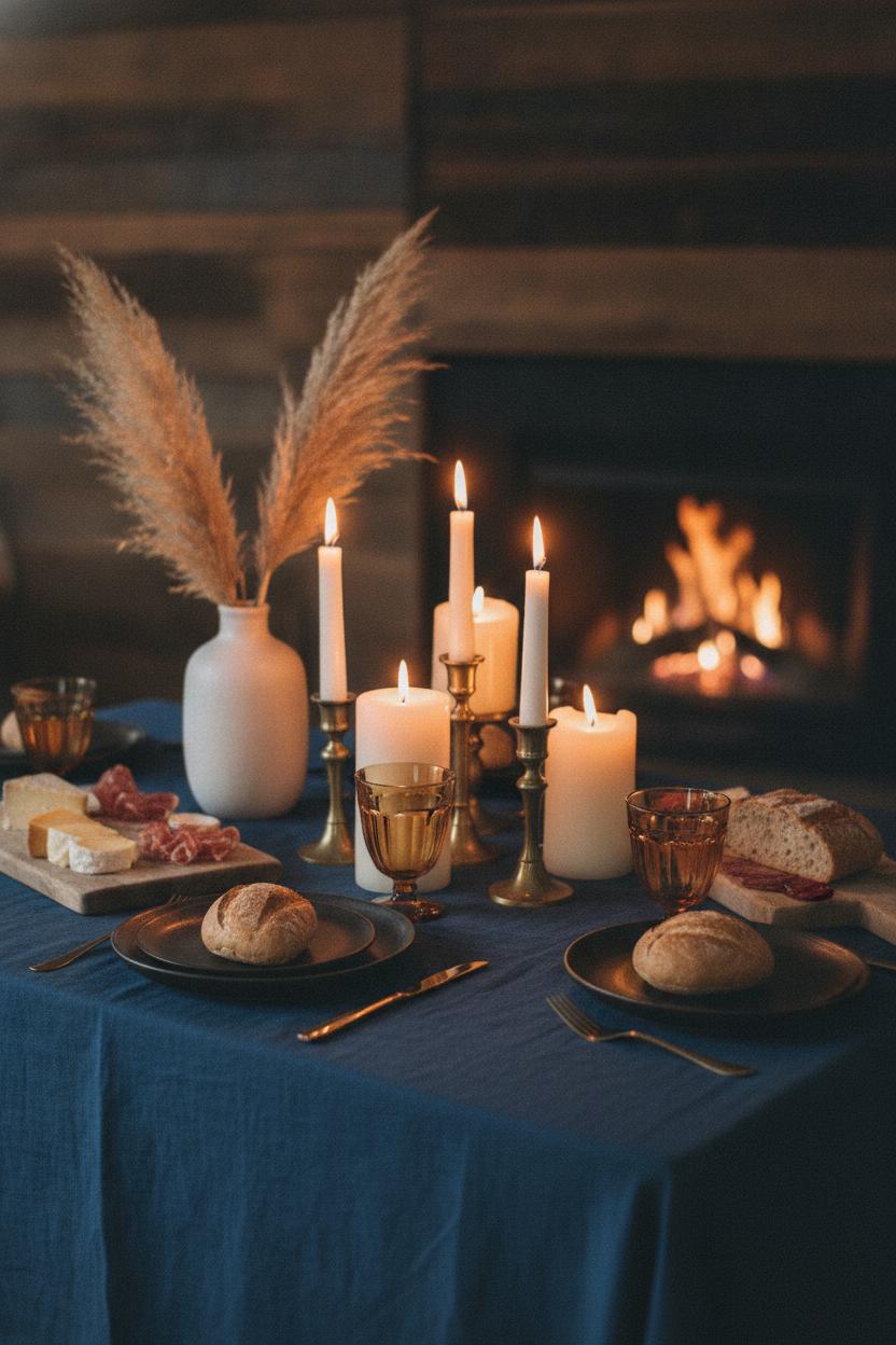 Hygge fathers day table setting ideas with navy linen, brass candles, dark stoneware, and pampas grass centerpiece