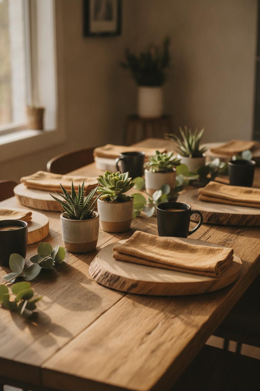 Rustic fathers day table setting ideas with wood charger plates, succulents, linen napkins, and eucalyptus in warm natural light