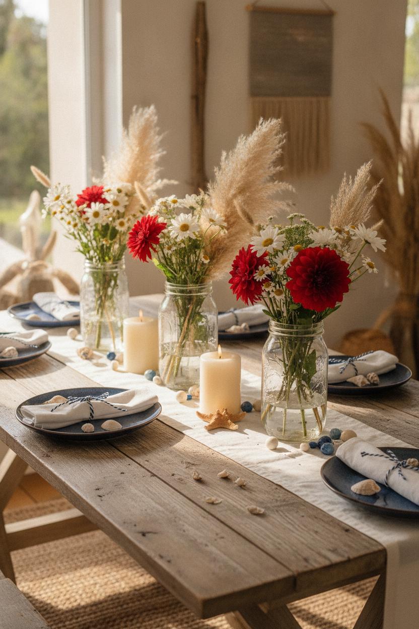 Rustic coastal dining table with 4th of July coastal home decor, mason jars, seashells, navy accents, and candlelight