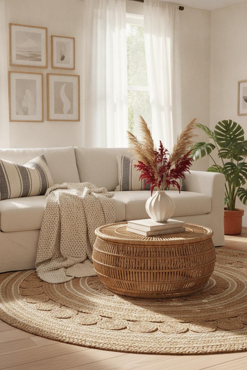 Coastal boho living room with navy striped pillows and pampas grass — 4th of July coastal home decor inspiration