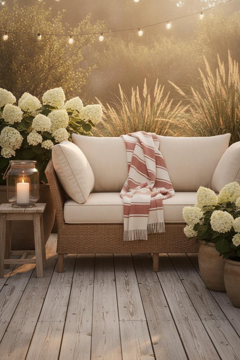 Coastal patio nook with rattan loveseat, red white striped blanket, and hydrangeas — 4th of July coastal home decor