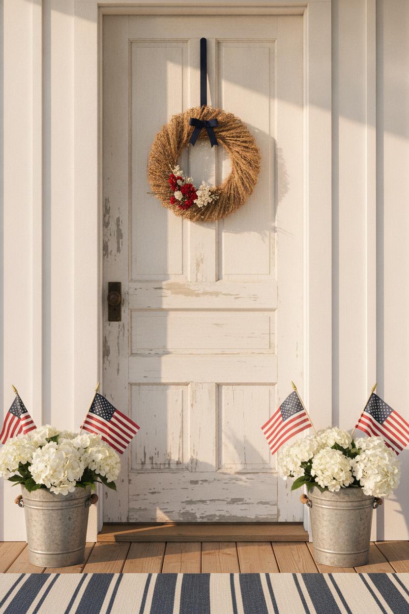 Coastal cottage porch with 4th of July decor featuring hydrangeas, American flags, and a patriotic jute wreath