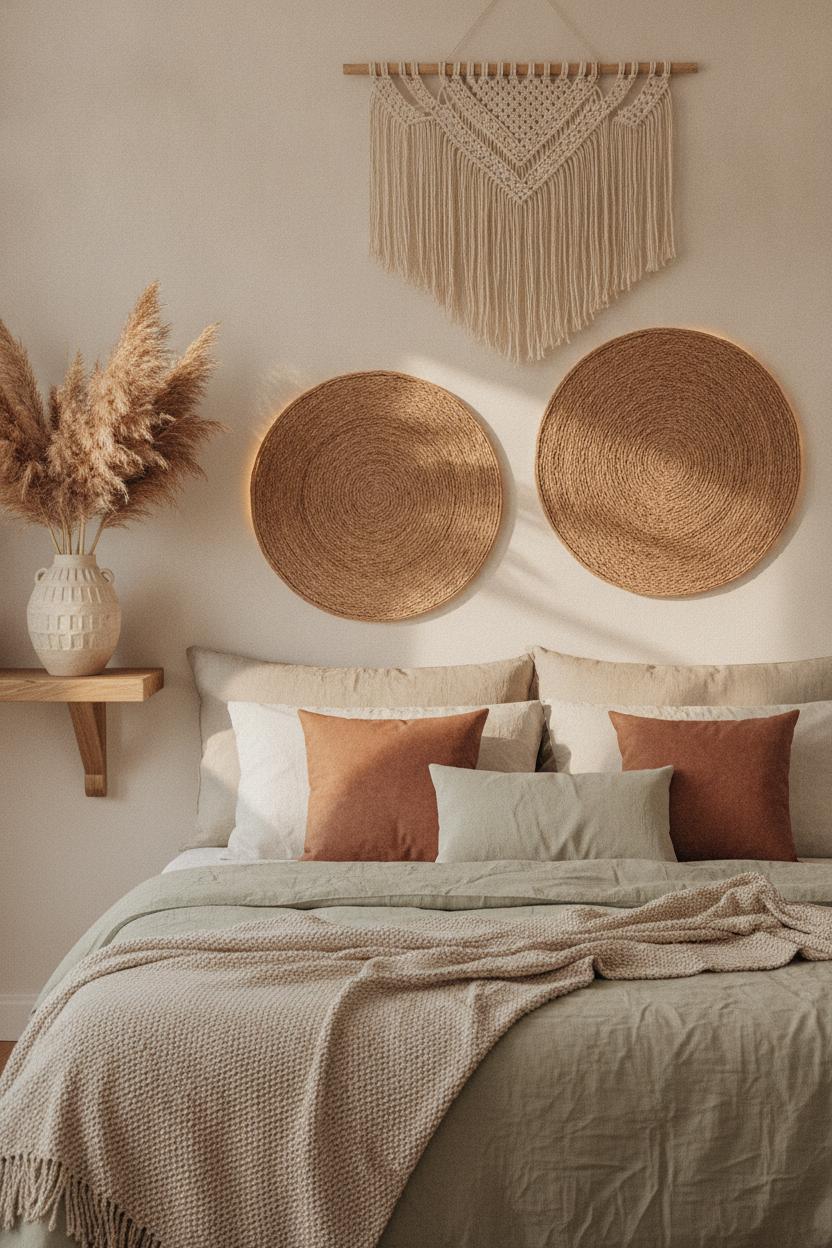 Boho bedroom with coastal touches featuring rattan wall art, macrame, pampas grass, and warm neutral tones