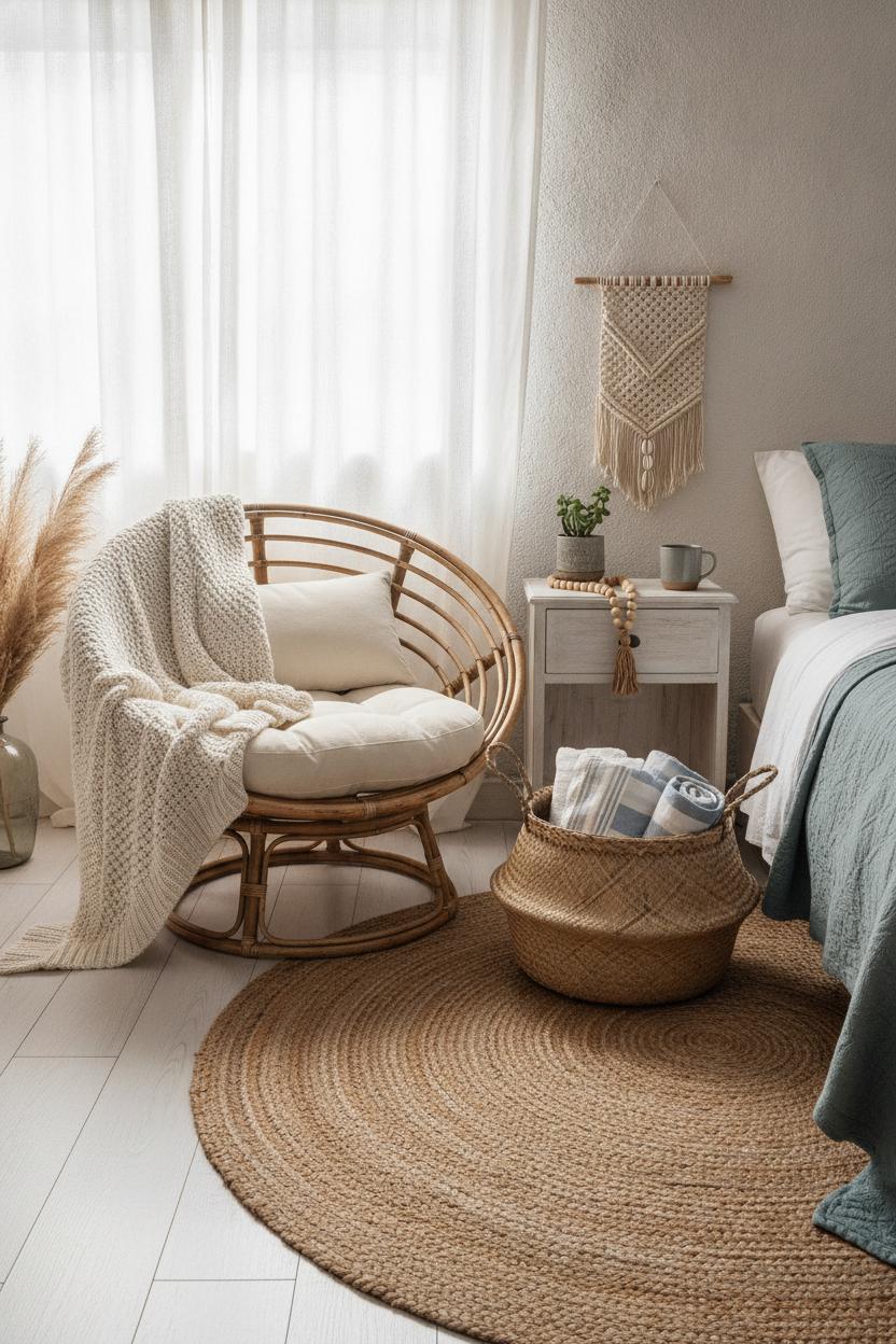 Boho bedroom with coastal touches featuring rattan chair, jute rug, seagrass basket, and soft natural light