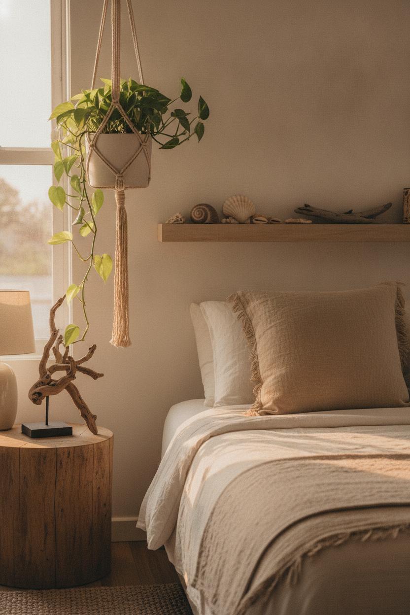 Boho bedroom with coastal touches featuring macrame plant hanger, driftwood, shells, and linen pillow in golden light