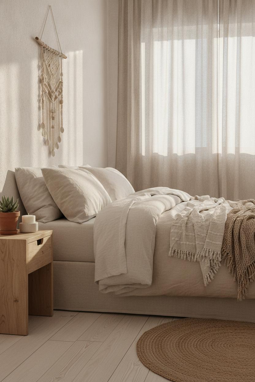 Boho bedroom with coastal touches featuring white linen bedding, sandy throws, wood nightstand, and sheer curtains in warm morning light
