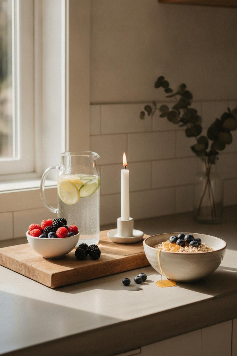 Bright minimal kitchen with oats, berries, lemon water, and candle for a self care Sunday routine at home