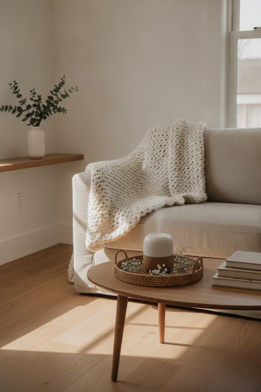 Cozy minimalist living room setup for a self care Sunday routine at home with linen sofa, knit throw, and eucalyptus