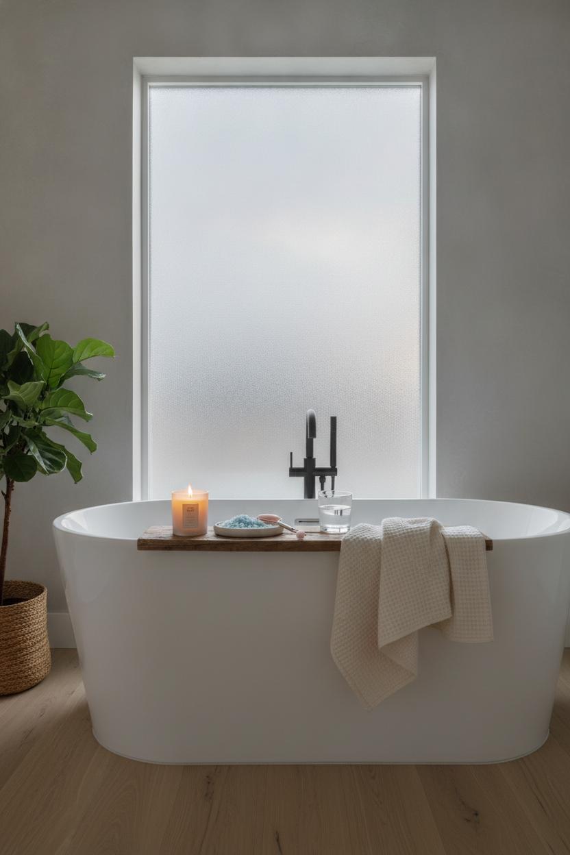 Serene bathroom setup for a self care Sunday routine at home with freestanding tub, candle, and bath salts