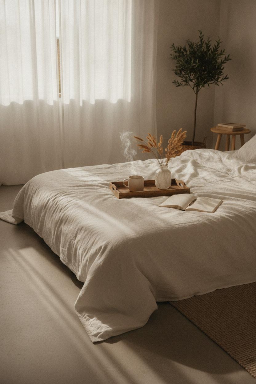 Sunlit minimalist bedroom with coffee, journal, and pampas grass for a cozy self care Sunday routine at home
