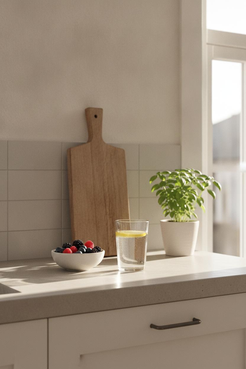 Minimalist kitchen countertop with lemon water, berries, and herbs — morning wellness routine for women