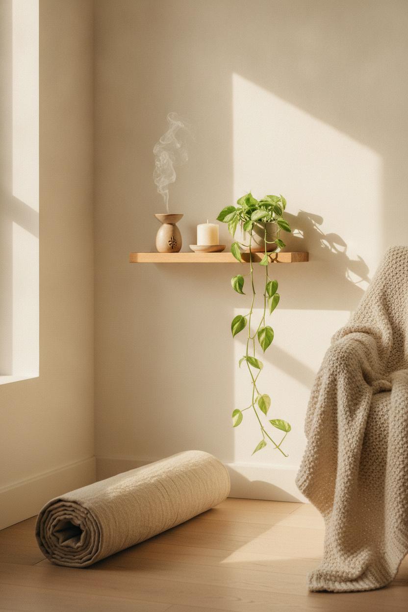 Cozy yoga corner with linen mat, diffuser, and pothos plant — morning wellness routine for women