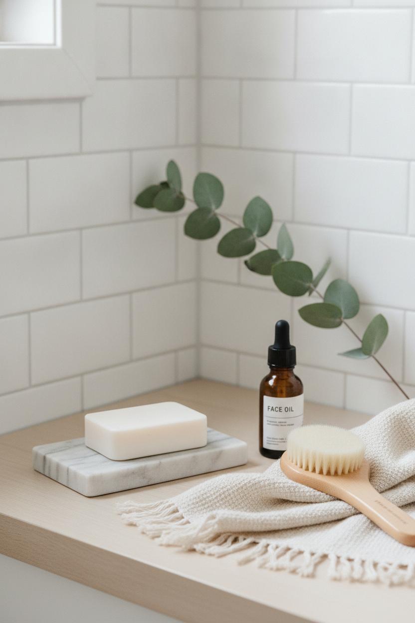 Styled bathroom vanity with marble soap dish, face oil, and eucalyptus — morning wellness routine for women