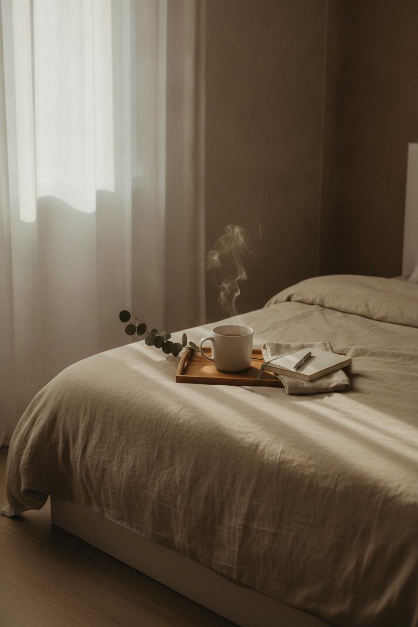 Cozy bedroom corner with tea, journal, and dried flower supporting a morning wellness routine for women