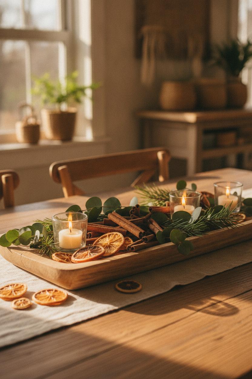 Rustic wooden tray with cinnamon sticks, dried oranges, candles, and greenery — holiday decorating ideas on a budget