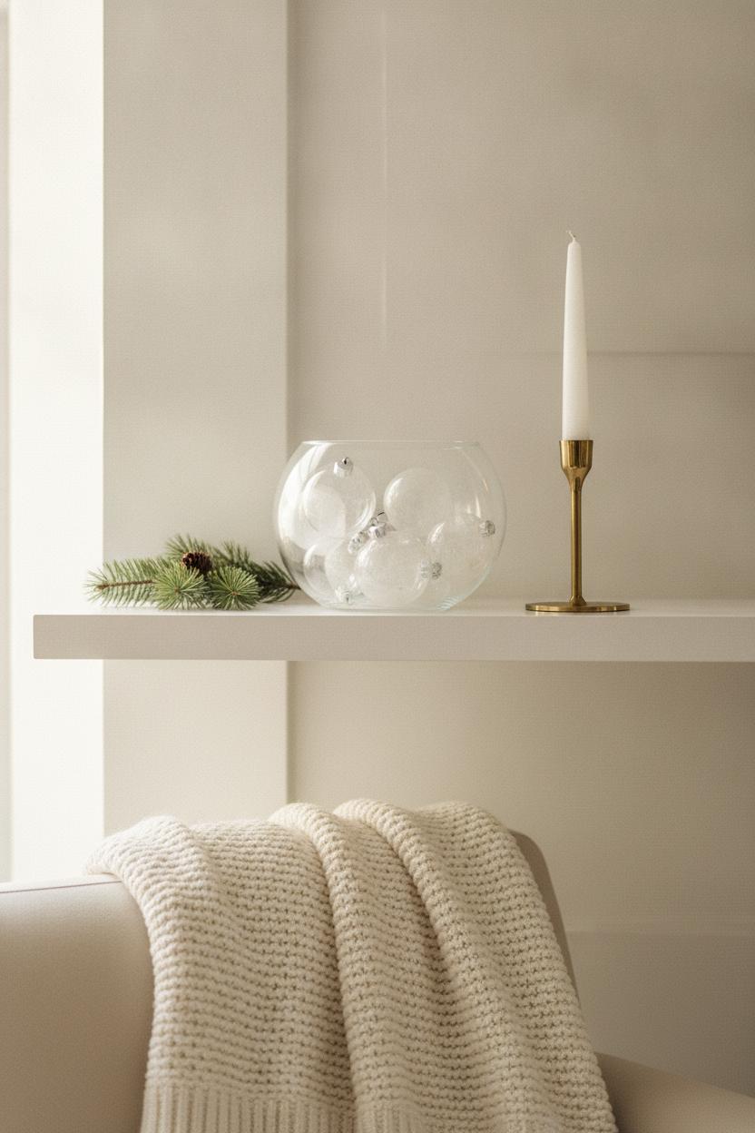 Minimalist holiday shelf vignette with glass ornaments, pine sprig, and candle — budget holiday decorating ideas styled beautifully