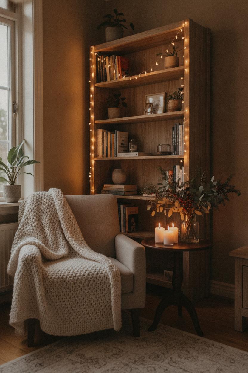 Cozy living room corner with fairy lights, chunky knit blanket, and candles — holiday decorating ideas on a budget