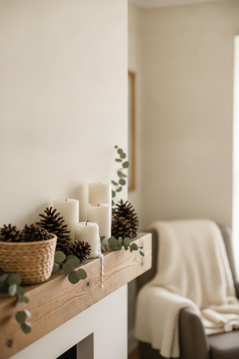 Cozy mantel styled with pinecones, candles, and eucalyptus — holiday decorating ideas on a budget