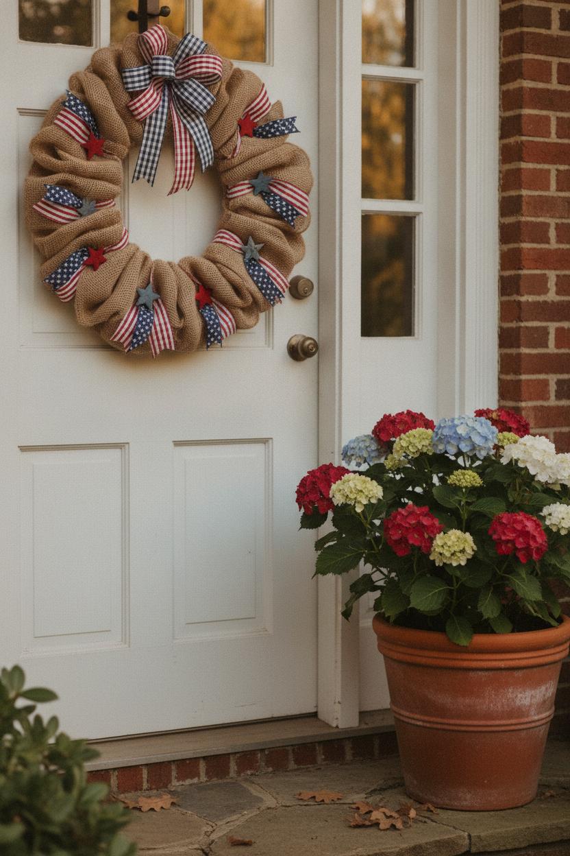 White front door with DIY burlap patriotic wreath, wooden stars, and hydrangeas — 4th of July home decor DIY on porch step
