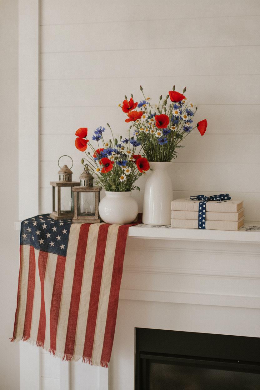 Cozy 4th of July home decor DIY mantel with vintage flag, wildflowers, and lanterns on white shiplap fireplace