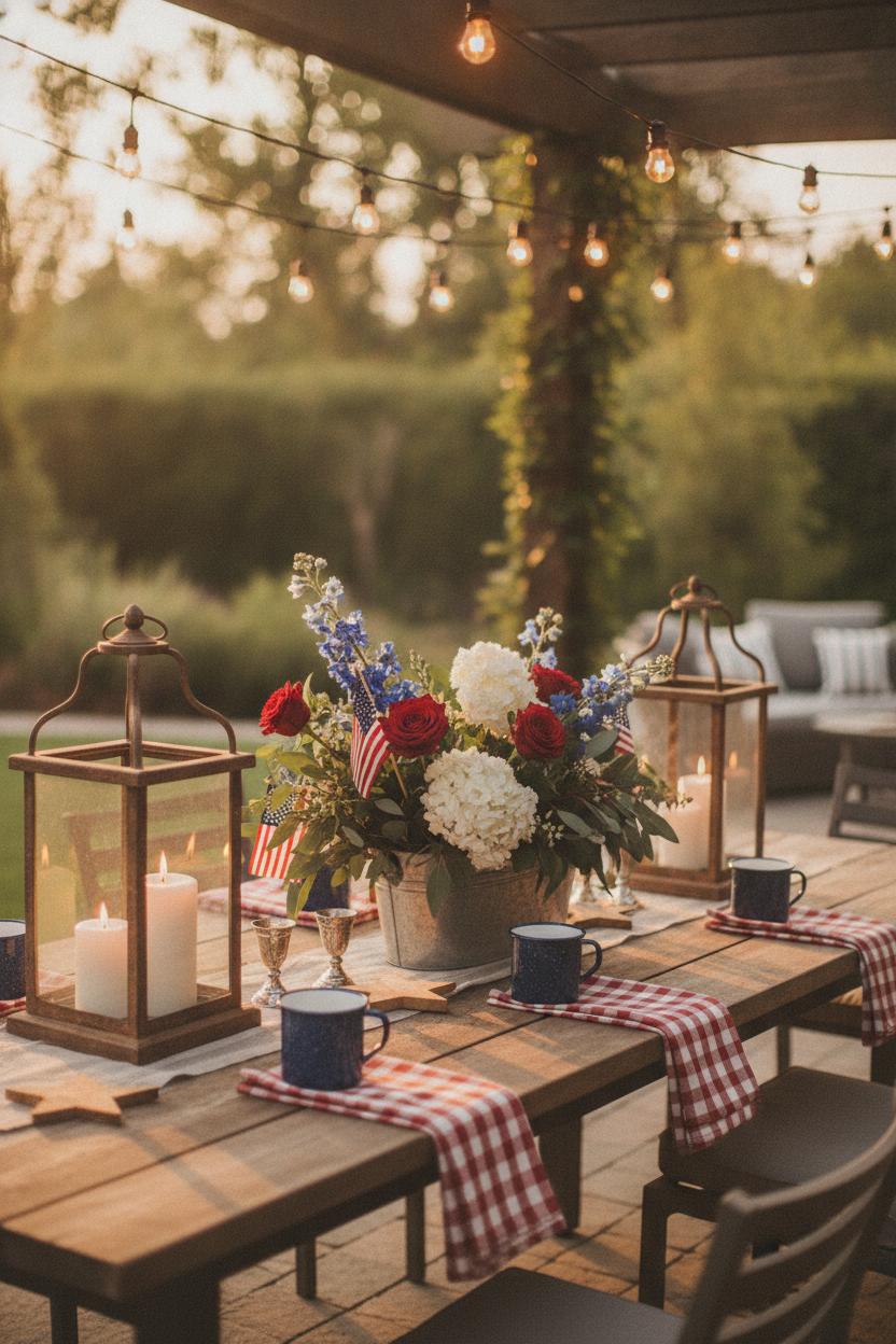 Cozy backyard patio styled with DIY 4th of July home decor, red gingham napkins, blue enamelware, and patriotic flowers