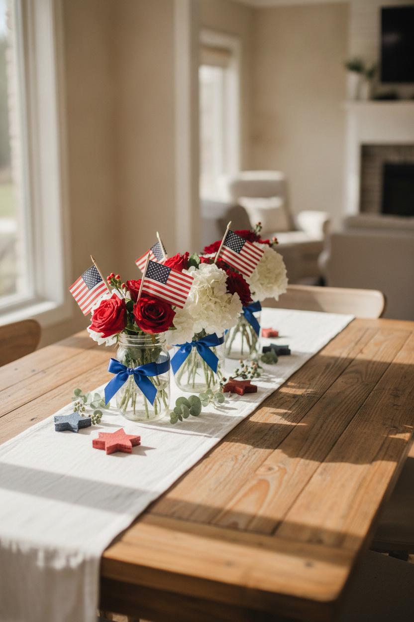 Rustic farmhouse table with 4th of July home decor DIY centerpiece of mason jars, red white flowers, and American flags
