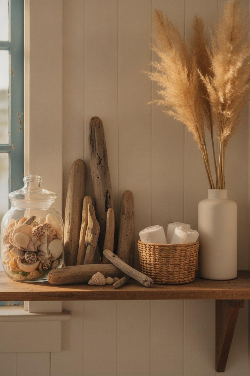 Coastal shelf with driftwood, seashells, and pampas grass — beach house decorating ideas on a budget