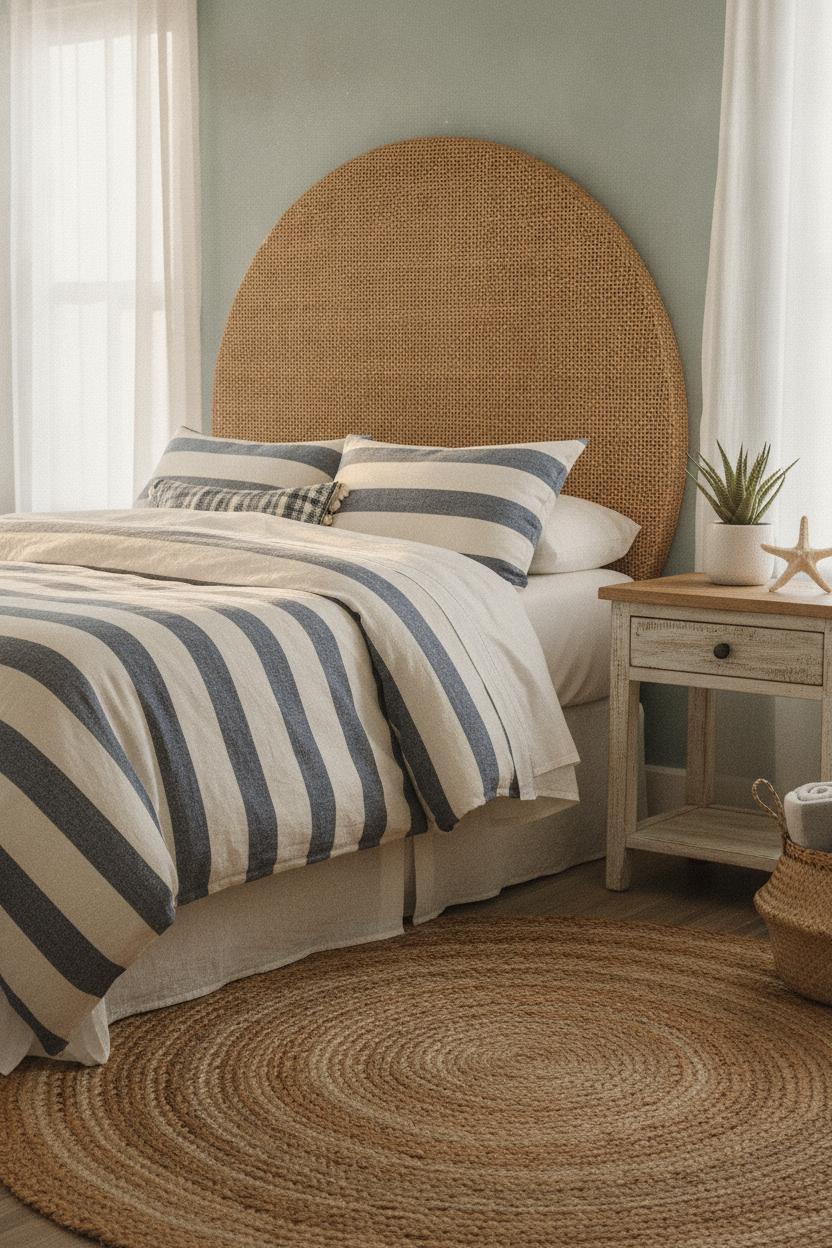 Coastal bedroom with rattan headboard and striped bedding — beach house decorating ideas on a budget that look high-end