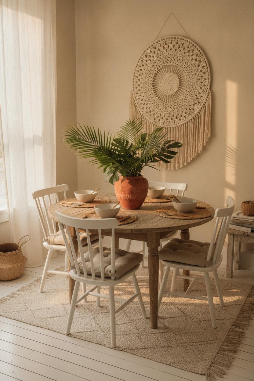 Bohemian coastal dining nook with macrame, round wood table, and tropical greenery — beach house decorating ideas on a budget