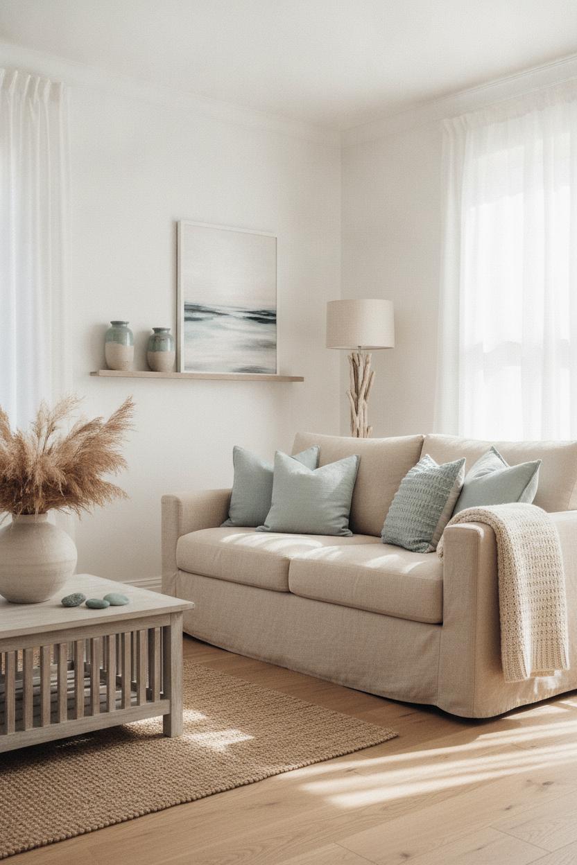 Bright coastal living room with beige linen sofa and pale blue pillows — beach house decorating ideas on a budget