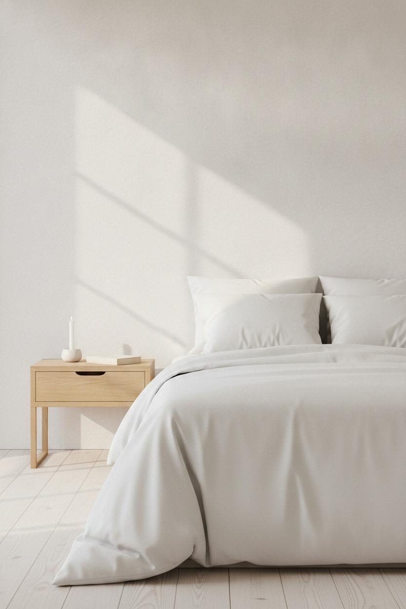 Minimalist bedroom with white bedding and oak nightstand — simple minimalist home decor on a budget with soft morning light
