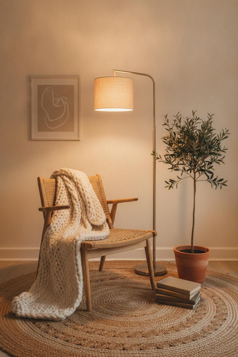 Cozy reading corner with knit throw, wooden chair, and jute rug — minimalist home decor on a budget