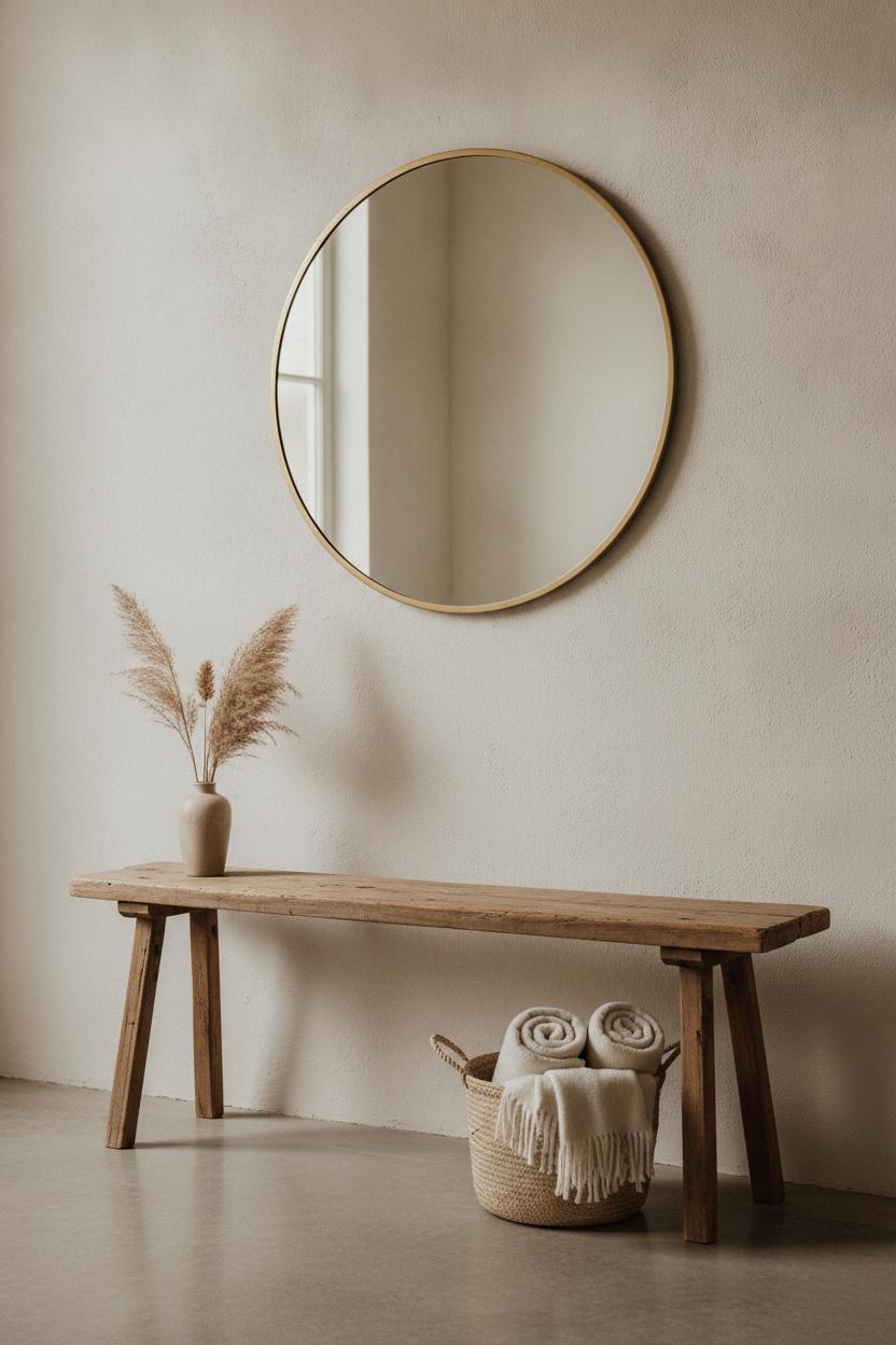 Vintage wooden bench and round mirror in a minimalist entryway — stylish minimalist home decor on a budget