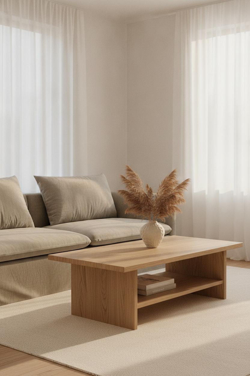 Minimalist home decor on a budget: white walls, greige linen sofa, wood coffee table, and pampas grass vase