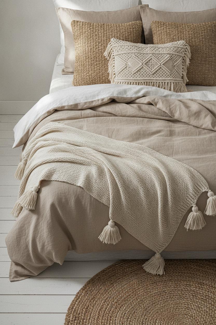Coastal boho bedroom flat lay with sandy linen, chunky knit throw, seagrass cushions, and jute rug — beach house bedroom boho style