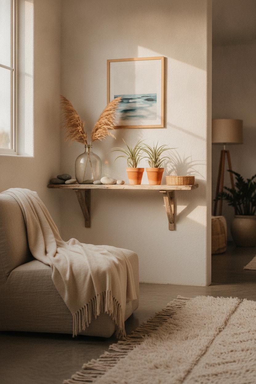 Boho beach house bedroom corner with driftwood shelf, sea stones, air plants, dried grasses, and ocean art in warm light
