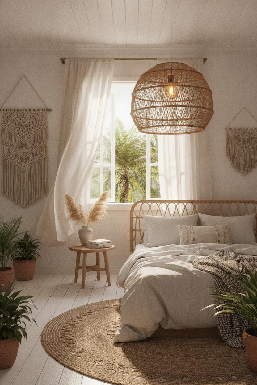 Boho coastal bedroom with rattan light, sheer curtains, and warm Edison glow — beach house bedroom boho style at golden hour