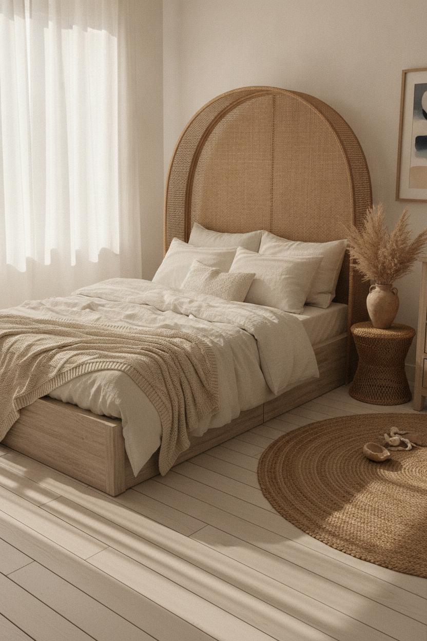 Boho coastal bedroom with tall rattan headboard, white linen bedding, pampas grass in terracotta vase — beach house bedroom boho style