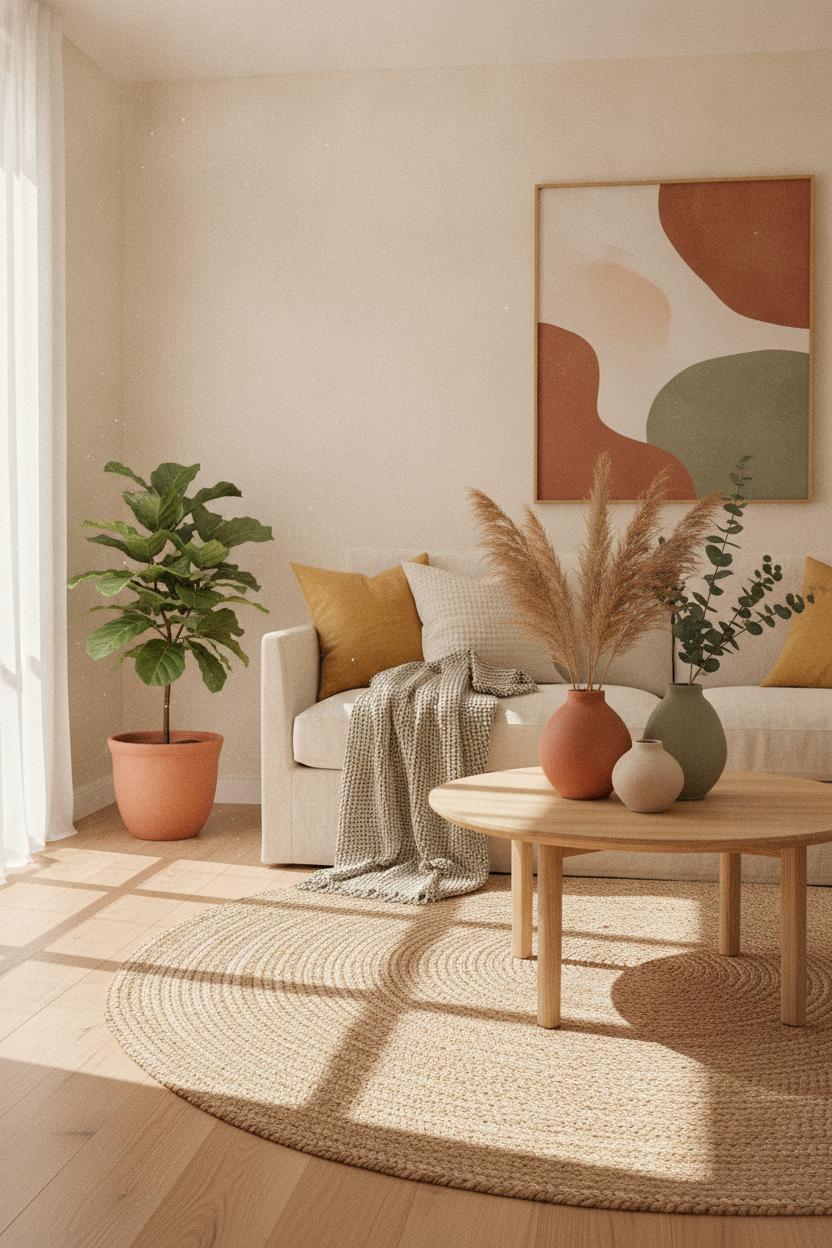Minimalist summer seasonal home decor refresh with terracotta, sage, linen sofa, pampas grass, and warm natural light