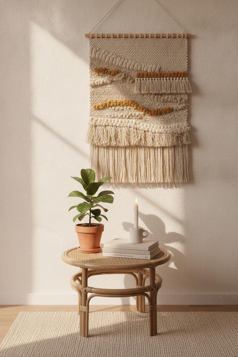 Cozy living room corner with rattan table, fiddle-leaf fig, and linen books for a summer seasonal home decor refresh