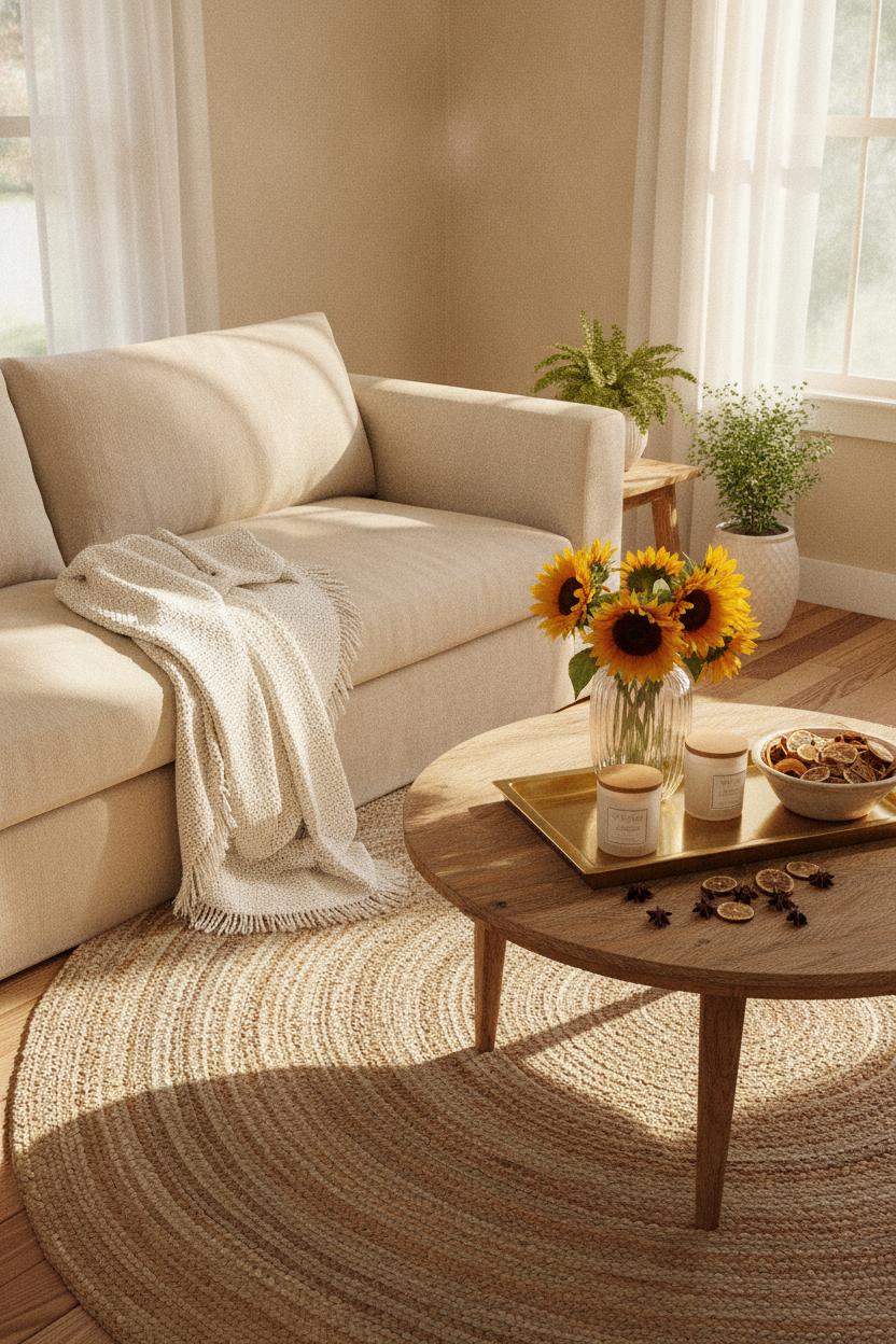 Bright summer living room styling with linen sofa, sunflowers, candles, and jute rug — seasonal home decor refresh