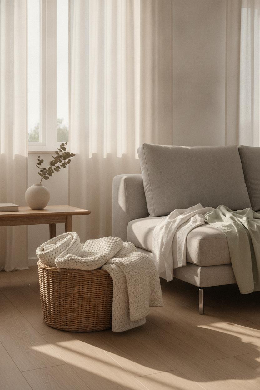 Scandinavian living room summer seasonal home decor refresh with linen throws, wicker basket, and soft afternoon sunlight