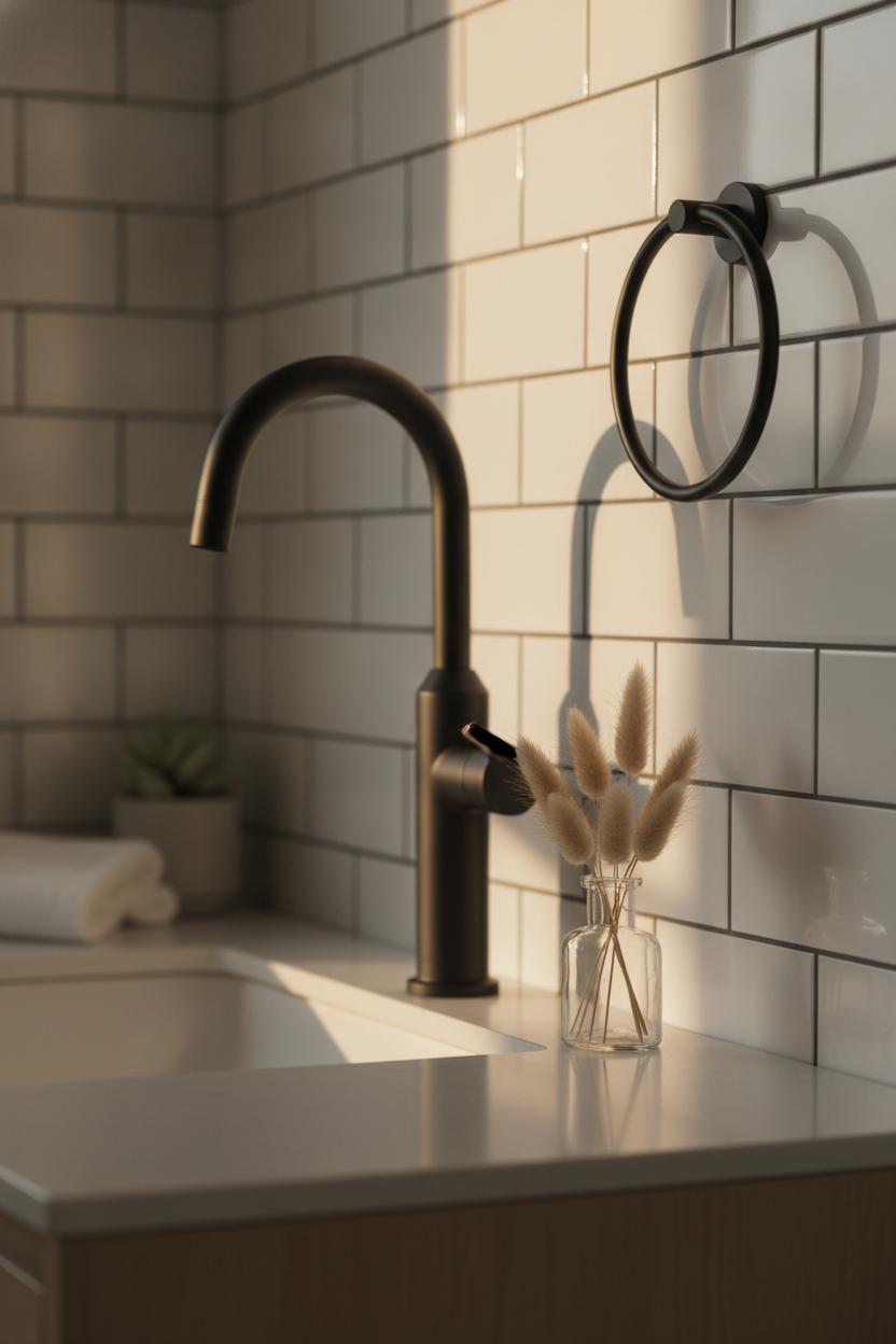 Matte black faucet and towel ring with pampas grass vase — small bathroom decor ideas on a budget that look expensive