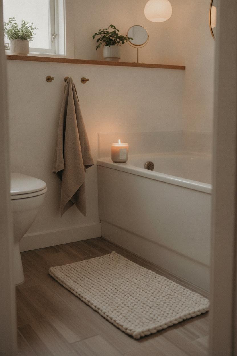 Cozy small bathroom decor ideas on a budget: chunky knit bath mat, brass hook towel, and lit soy candle by white tub