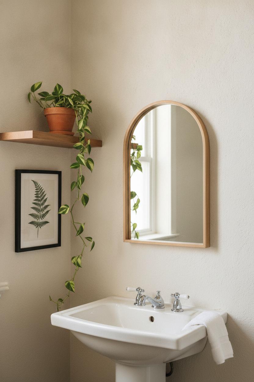 Small bathroom decor ideas on a budget: arched mirror, pothos plant, and botanical print styled in a minimalist corner