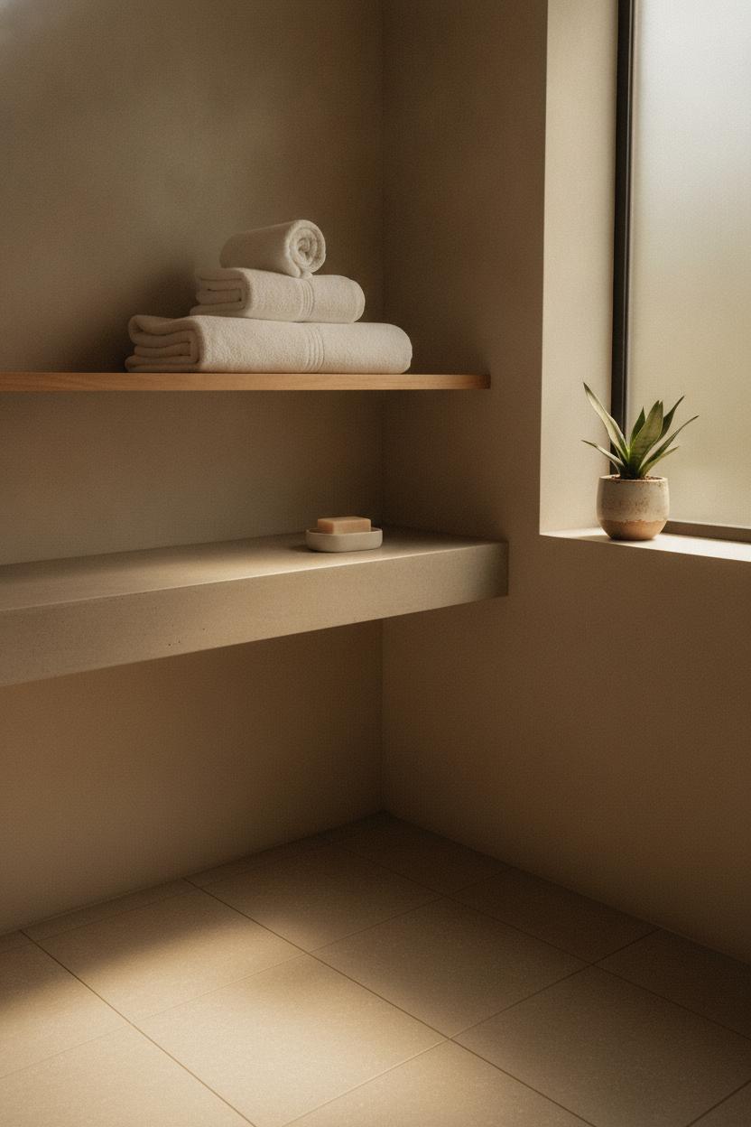 Minimalist small bathroom decor ideas on a budget with white towels, wooden shelf, and green plant in warm natural light