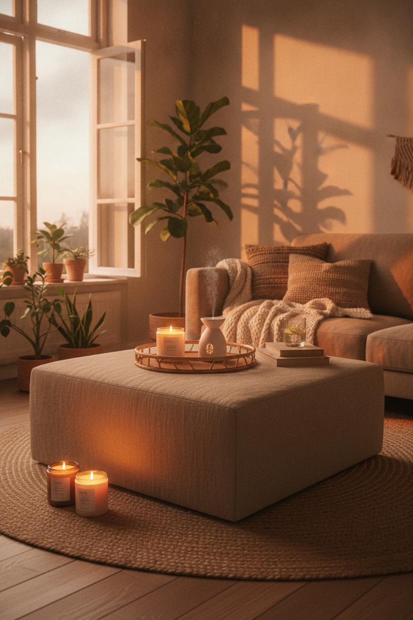 Cozy living room at dusk with candle and diffuser on linen ottoman — summer slow living wellness habits